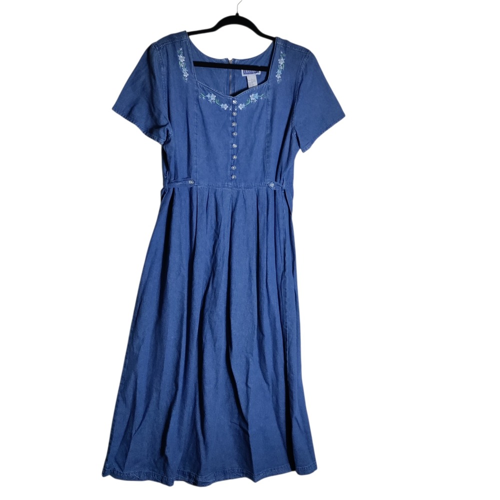 Vintage Erika & Co Blue Denim Floral Embroidered Midi Dress Womens Large Cotton